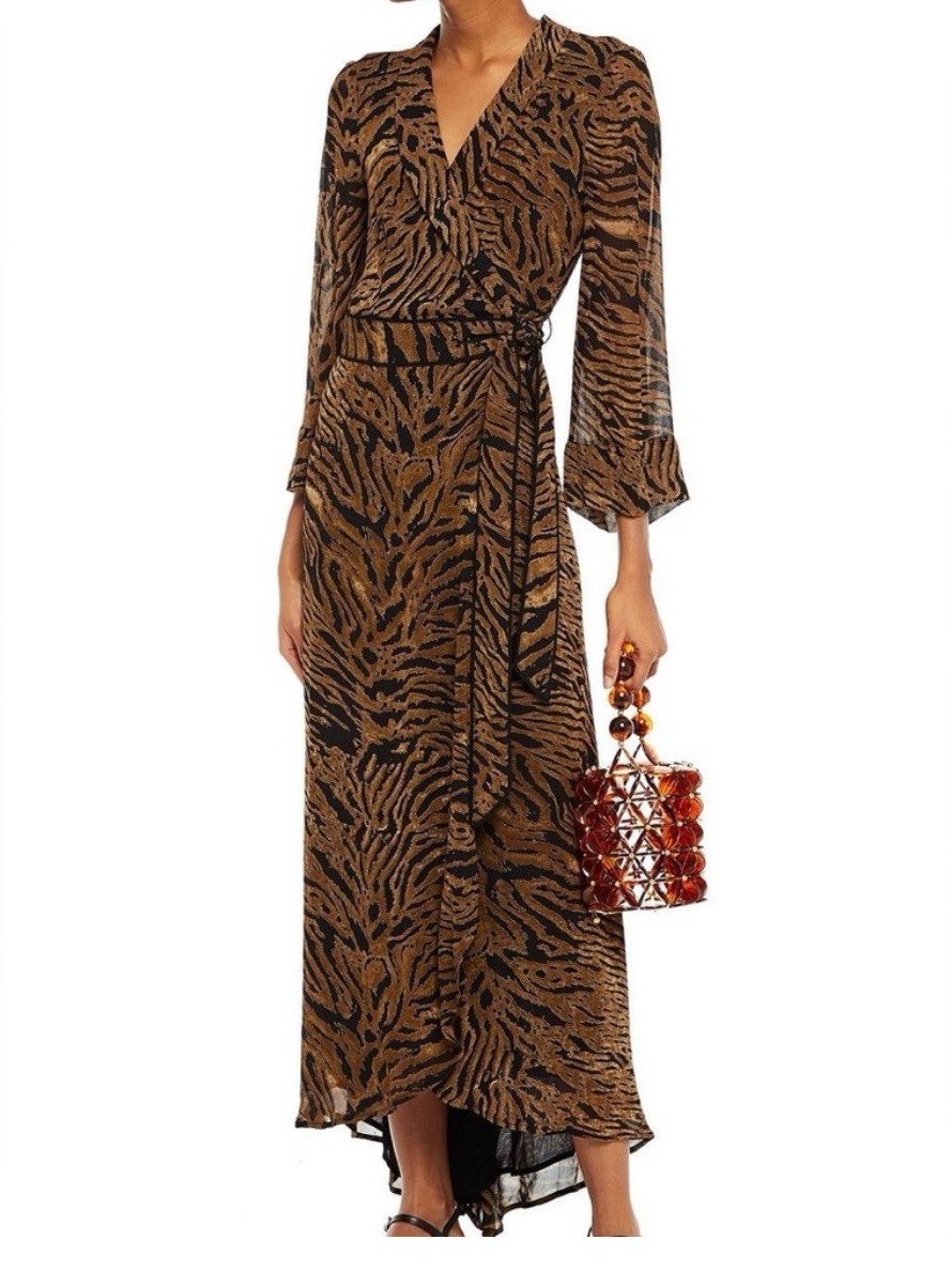 Ganni Brown Georgette Tiger Print Wrap Maxi Dress Size 38 (Us 6)